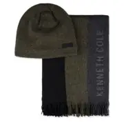 New Mens Kenneth Cole Reaction Olive Knit Beanie and Striped Scarf 2 pc Set