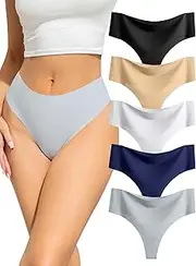 [VOENXE] Women Seamless Underwear Thongs,High Waisted No Show G String,Breathable Invisible Ladies Panties,Comfortable Brazilian Undies,5 Pack