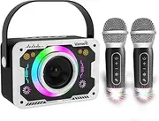 Karaoke Machine with 2 Wireless Microphones, Disco Lights, Portable Bluetooth Speaker, PA System for Adults and Kids, Home Party (White)