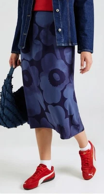 BWT Marimekko Blue Floral Print Cupro A Line 3/4 Skirt Womens Size 44