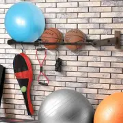 Wall Mount Black Metal Pipe & Wood Yoga Exercise Ball Storage Rack w/ 4 S-Hooks