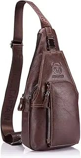 [BULLCAPTAIN] Men Genuine Leather Chest Bag, Crossbody Shoulder Bag Sling Bags Backpack Messenger Bag Daypack For Business Casual Sport Hiking Travel Brown
