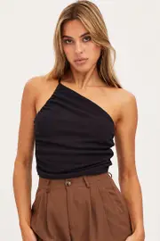 Black Singlet Top One Shoulder - Size S, Women's Singlet