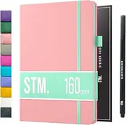 B5 Bullet Dotted Journal Notebook by STM | Thick Bleedproof 160gsm Paper, 150 Pages | Lay Flat Vegan Leather Hardcover | 2 Bookmarks, Printed Page numbers | Black Pen | 7 x 10 in | Pastel Pink
