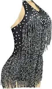 [Generic] Sparkly Bodysuit Women Party Dance Costume Stage Wear Tassel Leotard Performance Clothing(Black,S-M)