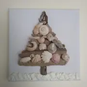 Hand made seashell and driftwood tree on 6" square painted canvas