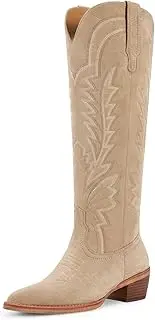 ISNOM Cowboy Boots for Women Knee High Cowgirl Boots with Classic Embroidered Pointed Toe Chunky Heel Pull On Fashion Retro Western Tall Boots