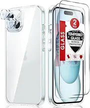 LeYi for iPhone 15 Case: with 2 PCS Tmepered Glass Screen Protection & 2 PCS Camera Lens Protector, Anti-Yellowing Translucent Military-Grade para iPhone 15 Case Clear