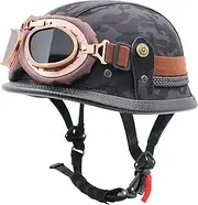 Vintage Motorcycle Leather Half Helmet Half Shell Helmet with Personalized Goggles Motorcycle Helmet Removable and Washable Liner Unisex DOT/ECE Approved