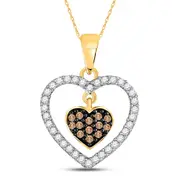 10k Yellow Gold Round Brown Diamond Nested Dangle Heart Pendant 1/3 Cttw