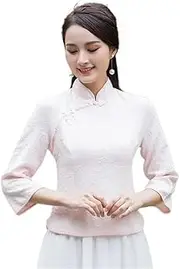 Plus Size Chinese Qipao Top Women Clothes Elegant Cheongsam Jacquard Tradition Costume Collar Shirt,M,Pink