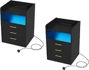 Advwin Bedside Table Set of 2 with 3 Drawers Wooden, Chest of Drawers with Storage Shelf, LED Nightstand with Charging Station and USB Port Black