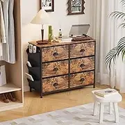 6 Chest of Drawer, Compact Home Storage Cabinet with Side Pocket and Hanger - Tower Dresser for Bedroom, Living Room, Vintage Style Organizer for Clothes, Toys & Linens (Retro Brown, 98.8x30x63cm)