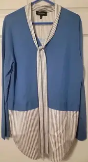 NWT Sz L St. John 2-in-1, Button Front Blouse and Cardigan w Tie, MSRP $695