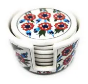 Turkish Ceramic Pottery Tile Design Set of 6 Coasters + Holder