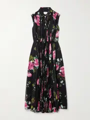 [Erdem] Erdem - Gathered Pleated Floral-print Chiffon Midi Dress - Black - UK 12 UK 12 Black