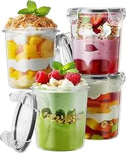 Canfanni Overnight Oats Container with Lids, 4 Pack 13oz Overnight Oats Jars, Plastic Mason Jars, BPA Free, Portable, Leak Proof Oatmeal Containers for Yogurt, Soup, Cereal, Milk and Salad