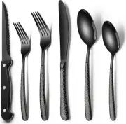Black Hammered Silverware Set with Steak Knives 24-Piece Stainless Steel