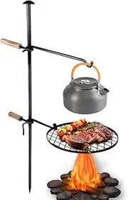GUDAJIN Fire Pit Grill Rack, Portable Fire Pit Grill, Adjustable Rotating Campfire Grill, Open Flame Cooking Equipment, Multifunctional Heavy Duty BBQ Steel Rack for Outdoor Camping, Campfire BBQ