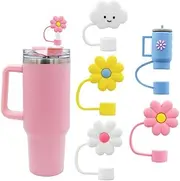 Flower Straw Cover Cap for Stanley Cup Silicone Straw Topper Compatible with 30&40 Oz Tumbler with Handle,Straw Tip Covers 10mm 0.4in for Straw Tip Covers (5Pcs Straw Cover)