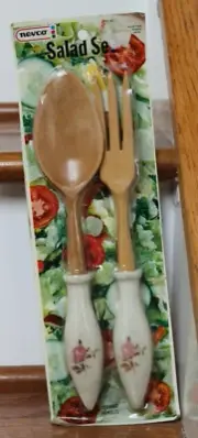 Nevco 1967 Salad Serving Spoon & Fork Set - Wood w/ FLORAL DECOR HANDLES - NEW