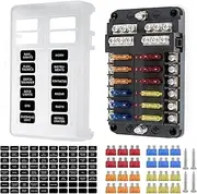 12 Way 12V Fuse Box Blade, 12Volt Fuse Block with LED Indicator Waterproof Cover - 12-Way Individual Positive Fuse Holder