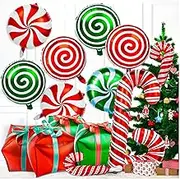 32 PCS Christmas Candy Balloons Kit, Large Cane Swirl Candy Foil Balloons with Ribbons, Red Green Mylar Balloons for Christmas Birthday and Candies Theme Party Decorations