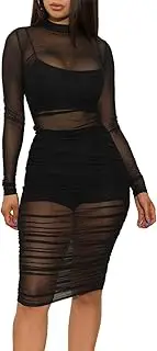 Lrady Women's Sexy Mesh Dress Short Sleeve Bodycon Party Club Night Dress 3 Piece Set Outfits with Cami Shorts