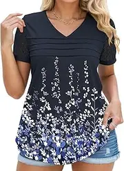 [DOLNINE] Womens-Plus-Size-Tops Fashion Lace Short Sleeve Shirts Casual V Neck Tees Going Out Pleated Tunics Blouses XL-5XL