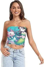 [RPLIFE] Cute Axolotl Mermaid Teal Summer Tube Tops, Strapless Tops Women, Sheer Tube Tops, Trendy Crop Tops (S)