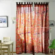 2 Pieces Indian Vintage Cotton Bird Print Boho Drapes Window Decor Brown Curtain
