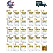 30 Pack Hexagon Mini Glass Honey Jars with Wood Dipper, Gold Lid, Bee Pendants