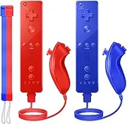 VTone 2 Packs Gesture Controller and Nunchuck Joystick with Silicone Case and Wrist Strap Compatible for wii/wii u Console (Red and Dark Blue)