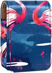 Lipstick Case,Leather Lip Gloss Lipstick Organizer with Mirror,Mini Lipstick Holder Bag,Flamingo Stripes Pink Flowers
