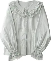 [Cuteighteen] Lolita Long Sleeve Blouses Women Peter Pan Collar Victorian Shirt Vintage Elegant Lace Dressy Frilly Tops Trendy Spring