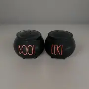 Rae Dunn Halloween Salt & Pepper Shakers Ceramic Cauldron Black Orange EEK & BOO