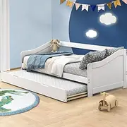 Oikiture Single Bed Frame Wooden Timber Single Bed Frame with Trundle,Twin Day Bed