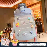 1400ml Cute Water Bottle with Stickers Straw Big Belly Cup Sports Bottle for Water Jug Children Kettle Color Blue with random stickers and accessories