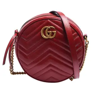 【GUCCI 古馳】GG Marmont mini金色雙G LOGO 山字車紋小牛皮圓形拉鍊斜背包(芙蓉紅色550154-0OLET-6438)