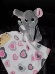 SECURITY BLANKET & ELEPHANT GRAY PLUSH TOY LITTLE BEGINNINGS WHITE PINK HEARTS
