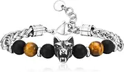 [Gamtic] Natural Stone Chain Bracelet for Men-Viking Wolf Head Cross Skull Men's Beaded Bracelet, Tiger Eye Black Agate Stone Stainless Steel Link Bracelets, Adjustable Mens Bracelets Jewelry Gifts