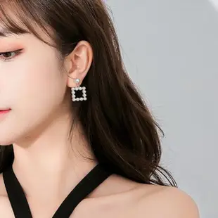 【Emi 艾迷】韓系氣質珍珠幾何方型 耳環 耳夾 夾式耳環 無耳洞(耳夾)
