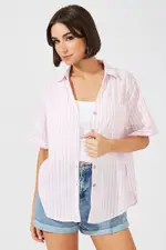Pink Stripe Shirt Short Sleeve Collared Neck - Size 16, Women's Shirt