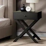[OIKITURE] Small Bedside Table with Drawer, Wooden Nightstand with Storage Drawer, Cross Base Bed End Nightstand Table for Bedroom Living Room Garden Balcony, Black