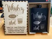 Custom Engraved Whiskey Flask & Wooden Box - One Of A Kind Item Free Ship
