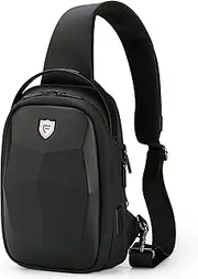 [FENRUIEN] Hard Shell Sling Bag for Men, Water Resistant Crossbody Backpack with USB Port, Black Chest Bag for Travel/Daily, Black, Sling Backpacks