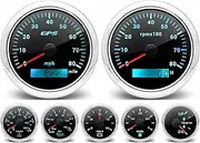 ARTILAURA 7 Gauge Set 3-3/8" 85mm GPS Speedometer, Tachometer, 2-1/16" Fuel Level, Water Temperature, Oil Pressure, Volt, Trim 7 Color Marine Boat Gauges Kit (Black Silver)