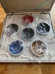 Isamu Kenmochi Ashtray Set of 6 Boxed - Red Black Gray Green Blue Yellow