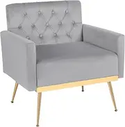 Giantex Modern Velvet Accent Chair, Upholstered Armchair with Button Tufted Back, Golden Metal Legs & Adjustable Foot Pads, Single Sofa Chair for Living Room, Guest Room, Bedroom (Grey)
