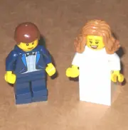 NEW LEGO WEDDING LT BROWN HAIR BRIDE AND BROWN HAIR GROOM, DARK BLUE TUX, BOWTIE